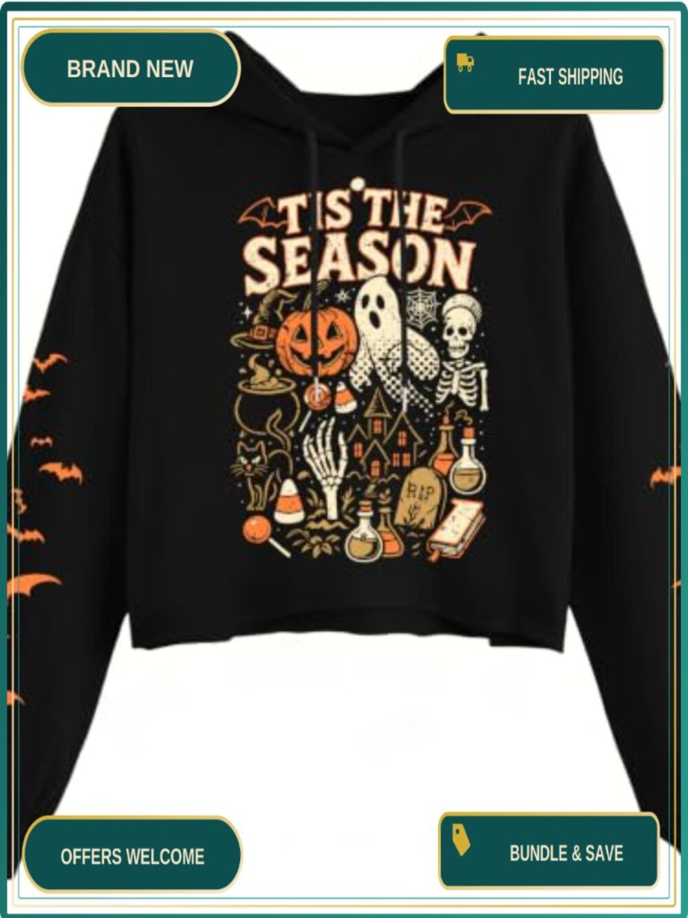 Women's Cropped Halloween Hoodie Spooky Ghost Skull Graphic Sweatshirt